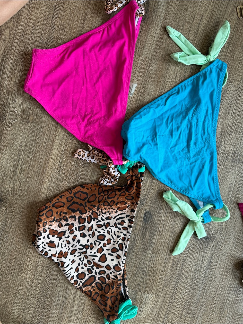 Women's 3 set Leopard & Bright Color Tie Bikini Set - Pink, Turquoise, Brown - Picture 2 of 11